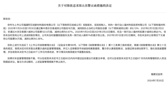 未及时披露减持信息 阿石创控股股东陈钦忠被出具警示函