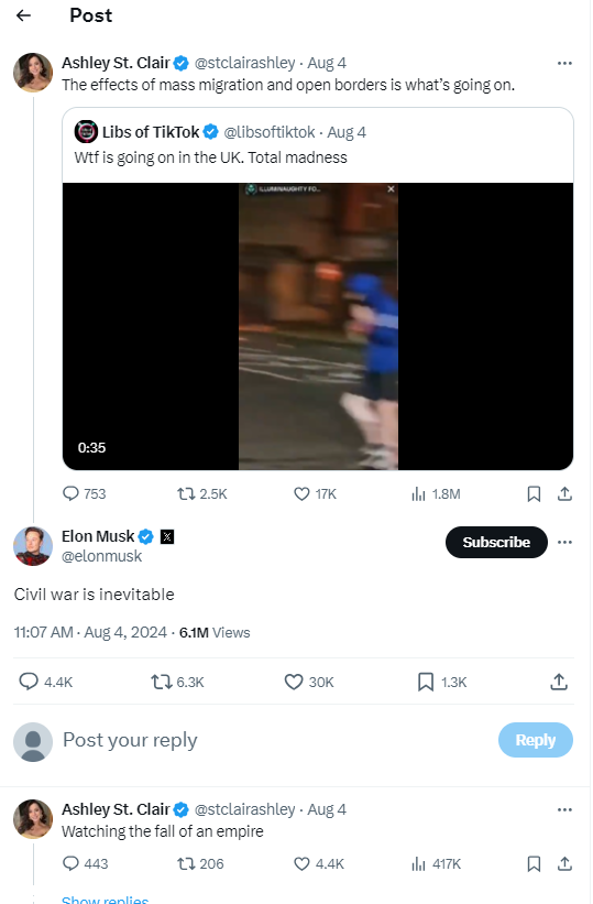 马斯克发帖评英国骚乱称“内战不可避免” 英国政府予以回击