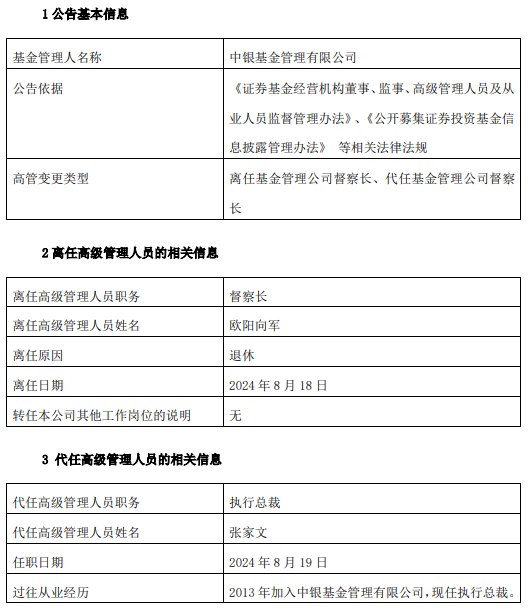 中银基金高管变更:欧阳向军退休离任 执行总裁张家文代任督察长职务